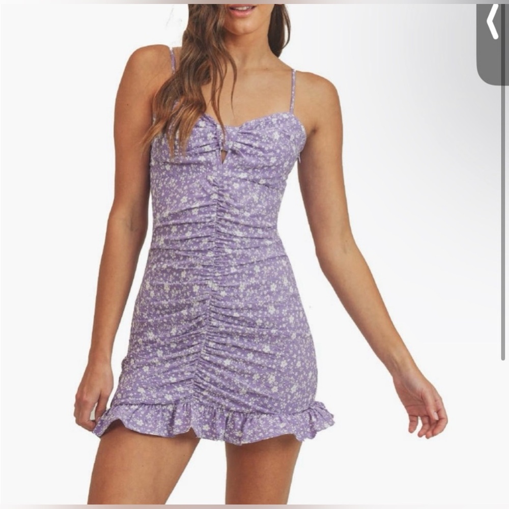 Lush Sweetheart Floral Ruched Ruffle Mini Dress